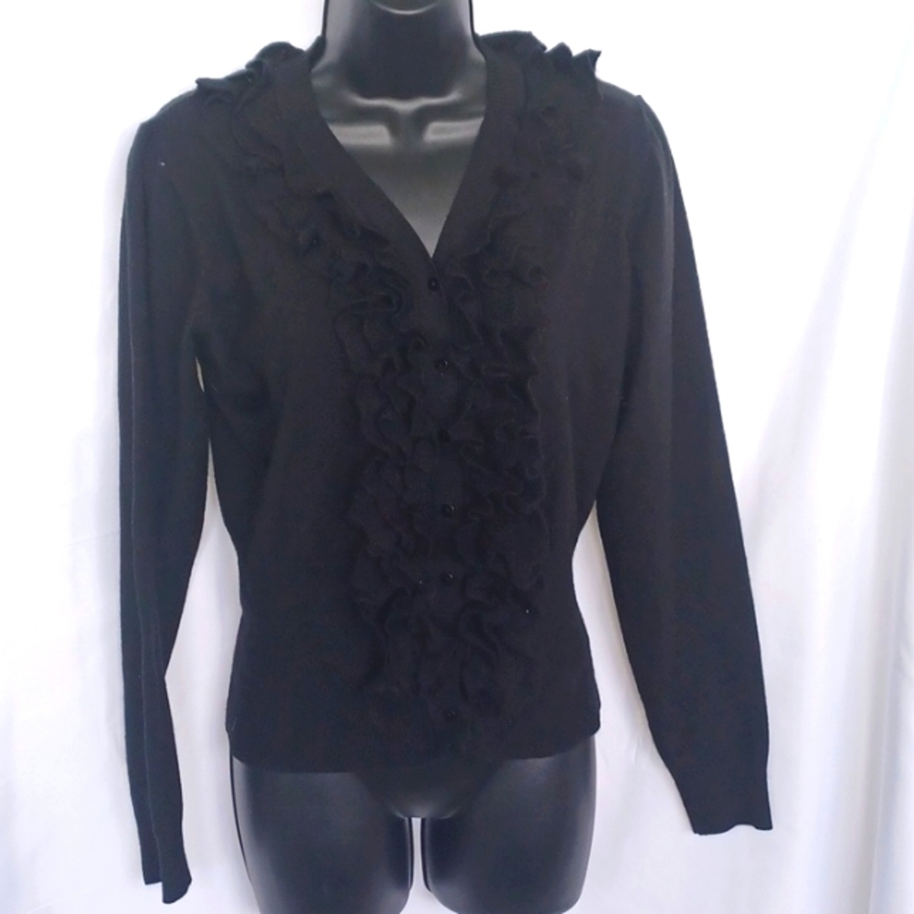 Elio Ruffled Frint Black cotton blend Button Cardigan, Long Sleeves